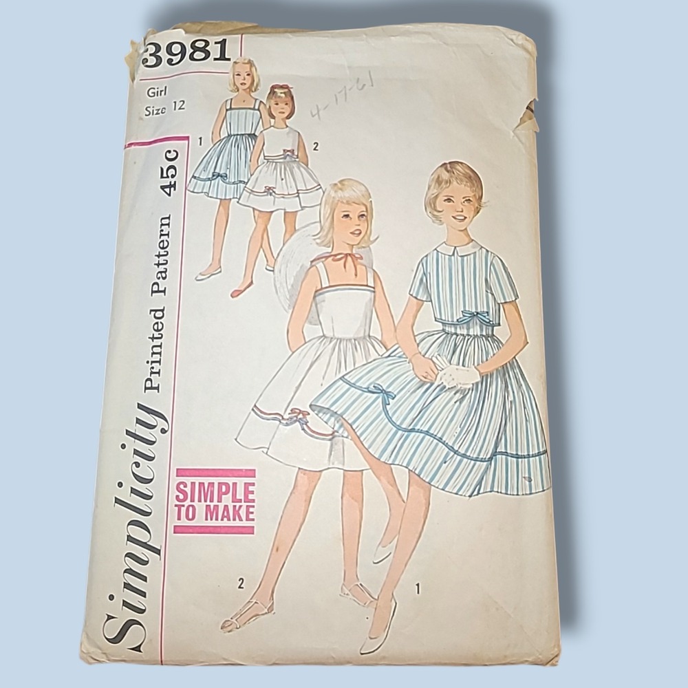 Vintage SIMPLICITY Sewing Pattern 3981 Girl's One Piece Dress Jacket Size 12 CUT